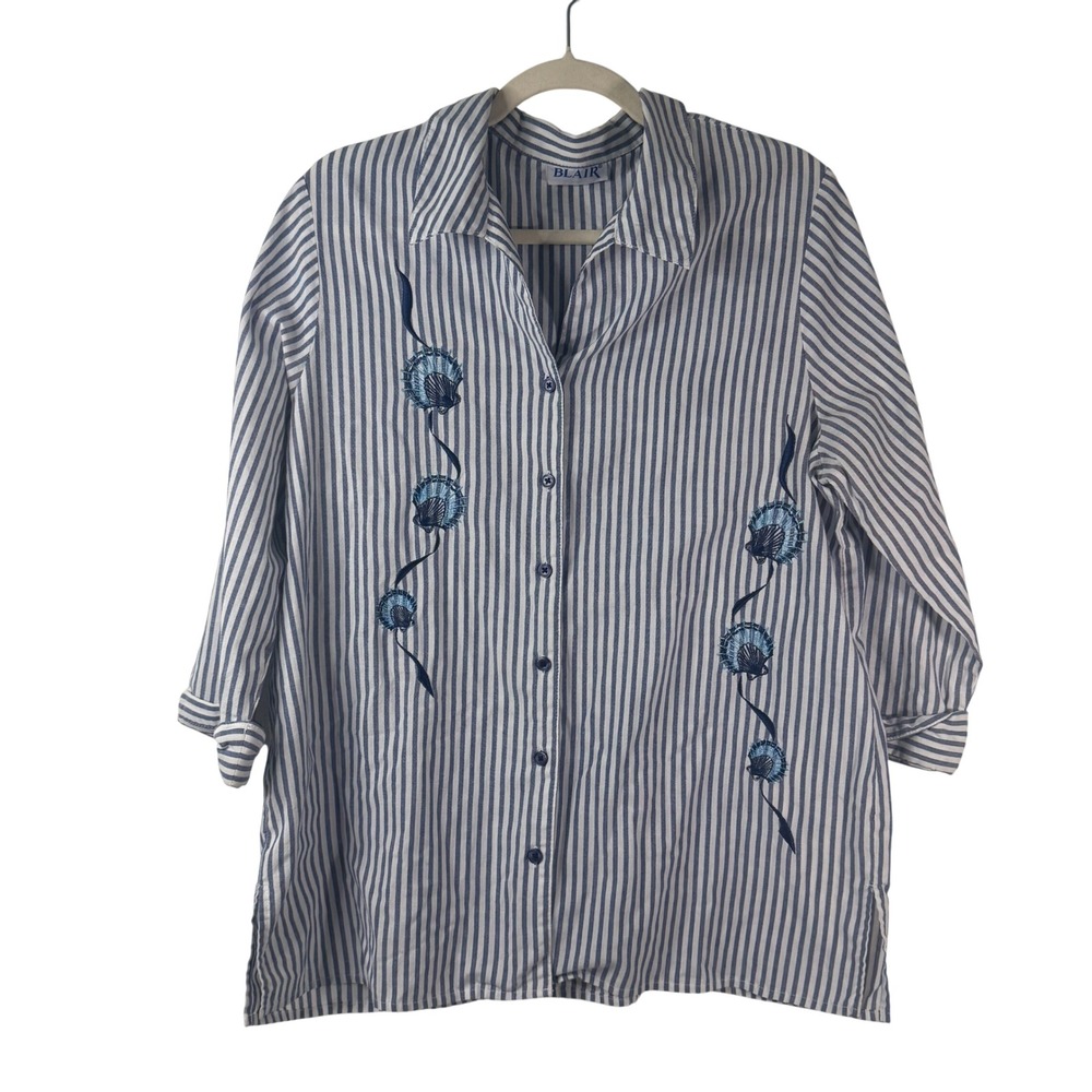 Blair Blue White Stripe Embroidered Button Up Shirt Coastal Cottagecore Vintage